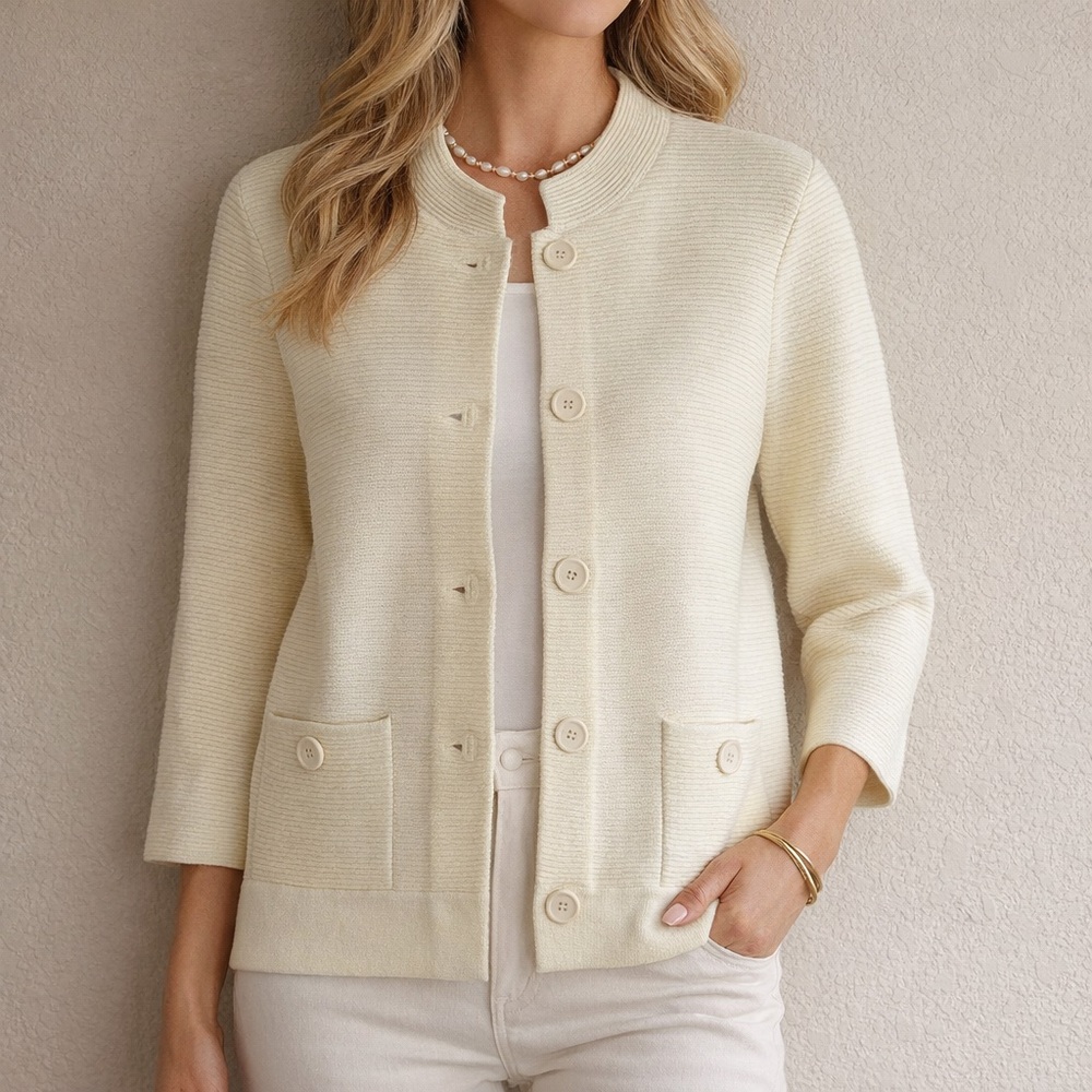 Liz Claiborne Sweater Jacket L Light Yellow Button Front Ribbed Cardigan